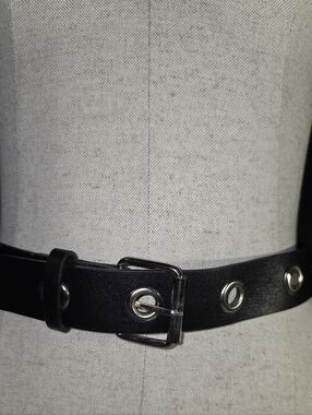 Black Leather Grommet Belt with Silver Buckle 36" Faux Leather